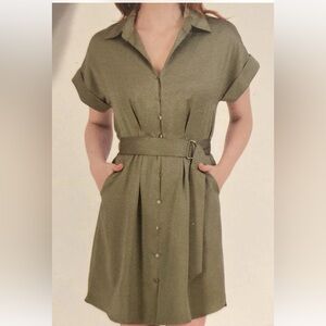 French Connection XXL Elegant Olive Green Short Sleeve Belted Shirt Dress